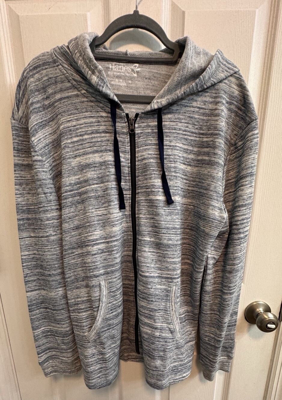 Hanes L Zip Hooded Jacket Blue Pockets Long Sleeves Lightweight